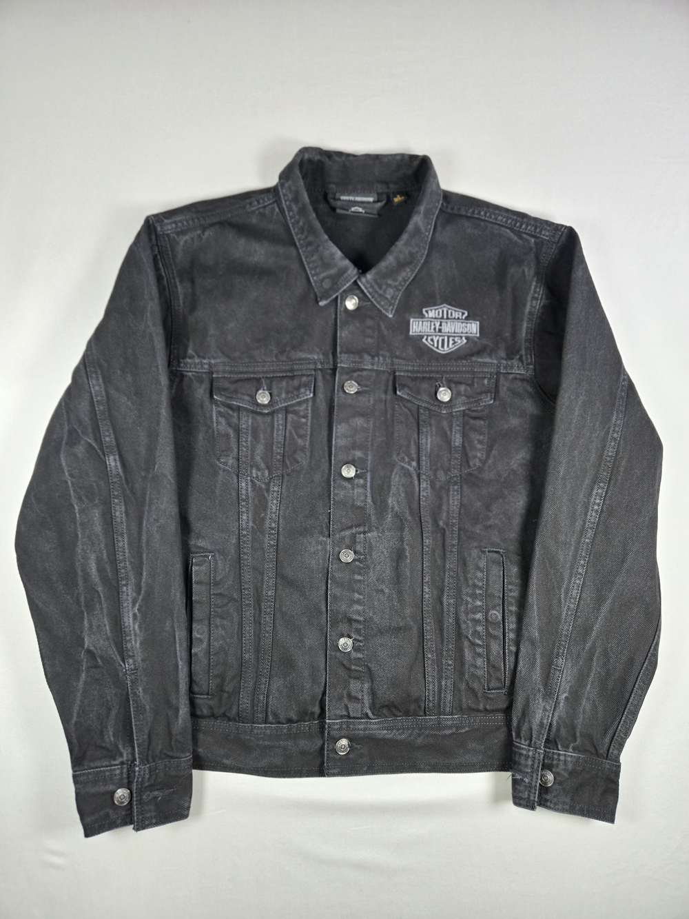 Harley-Davidson Men's Black Distressed Denim Trucker Jacket Size XL Moto Biker